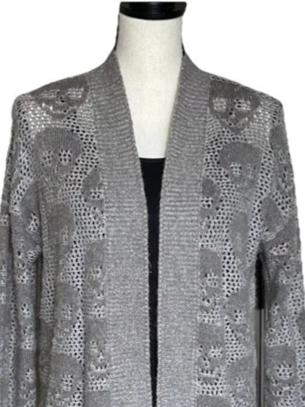 Aeropostale Women Gray Open Front Skull Graphic Cardigan Sweater Loose Knit Sz M